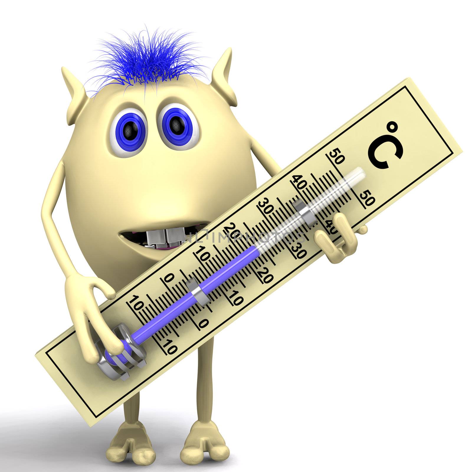 Haired happy puppet holding big plastic thermometer by vetdoctor