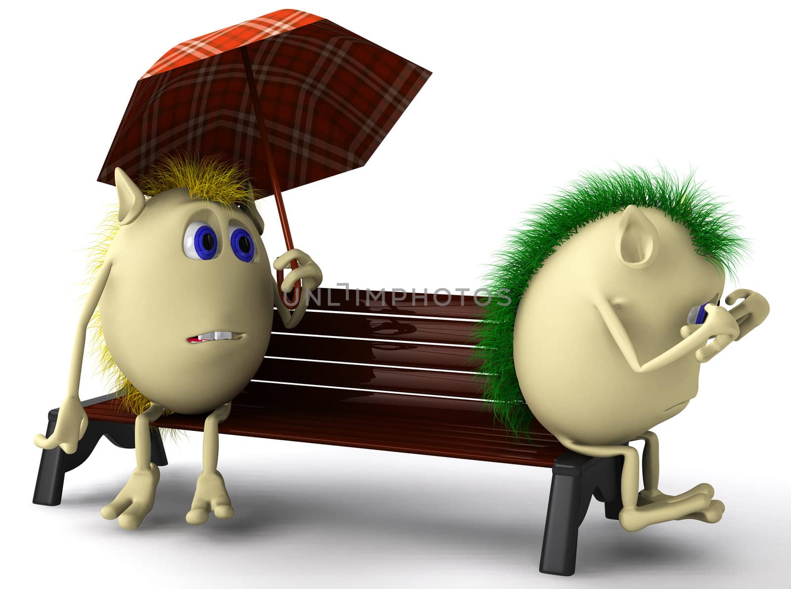 Two unhappy puppets sitting on brown bench by vetdoctor