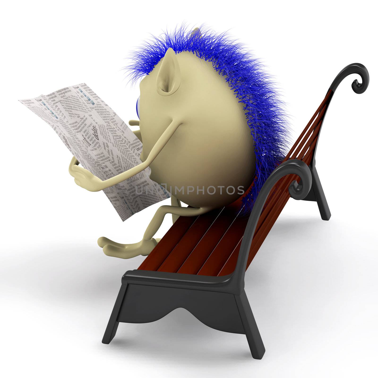 Side look on puppet reading newspaper on bench