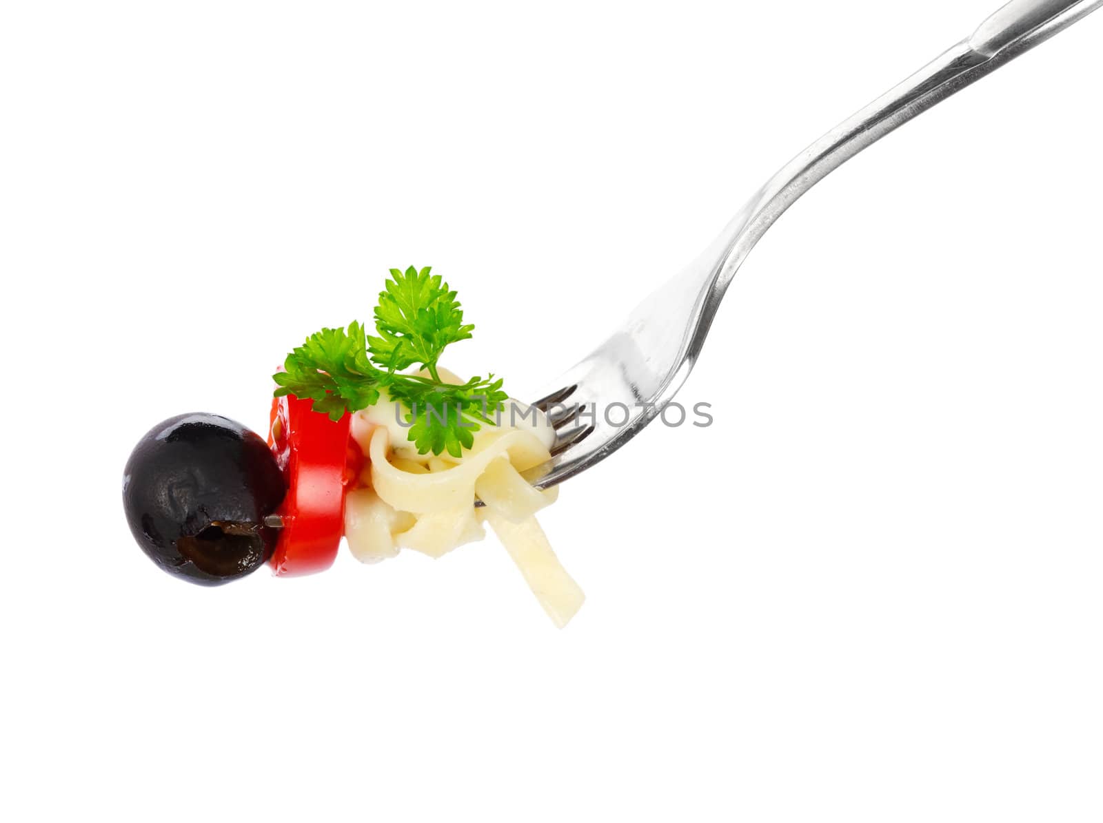 Pasta on a fork over white background by Bedolaga