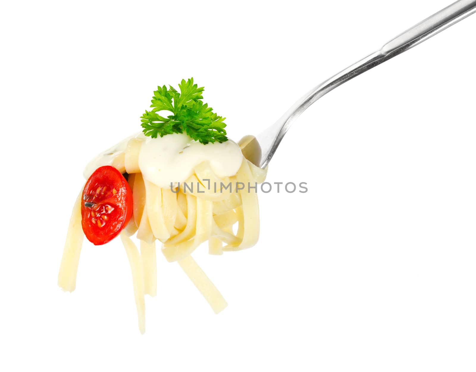 Pasta on a fork over white background