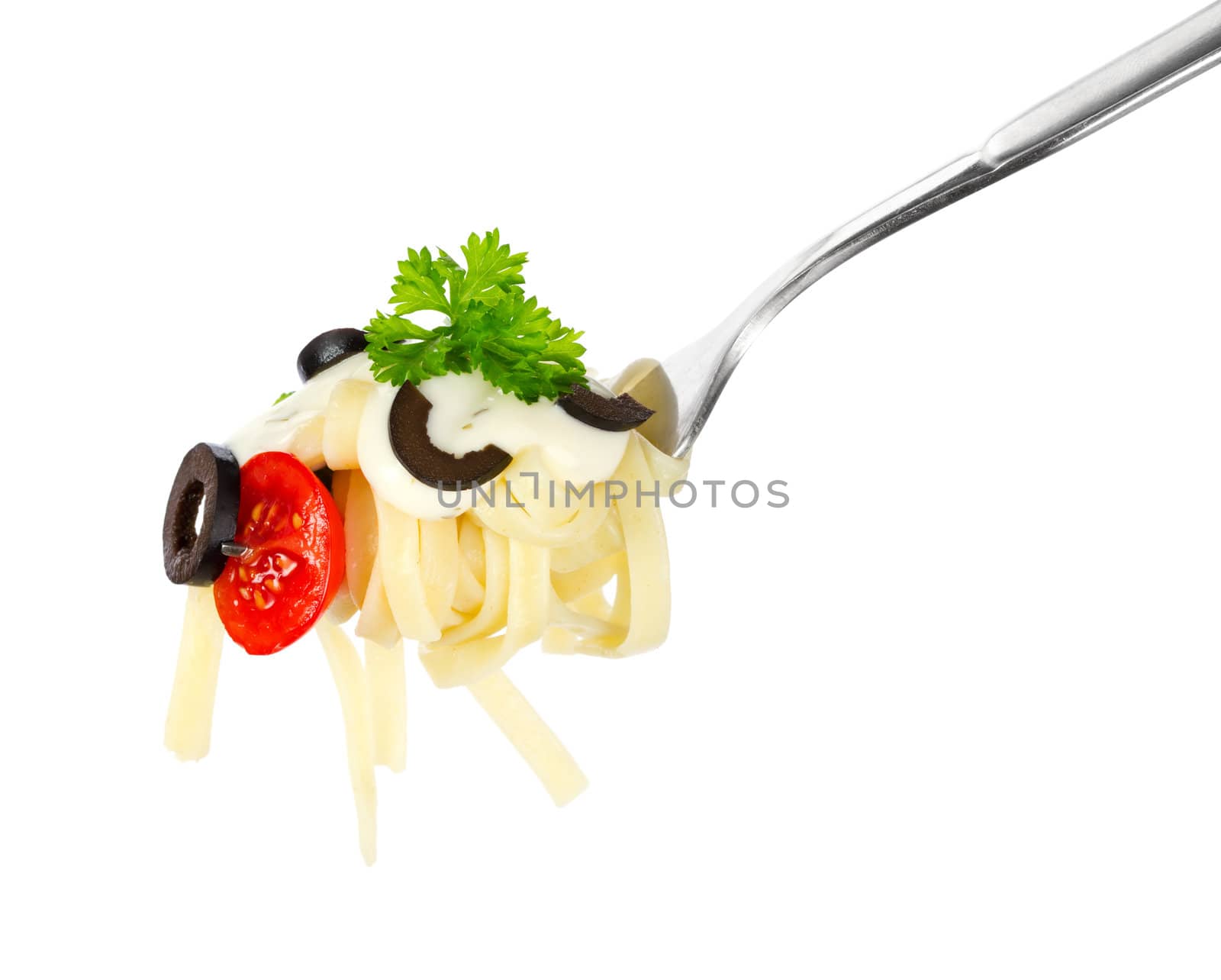 Pasta on a fork over white background