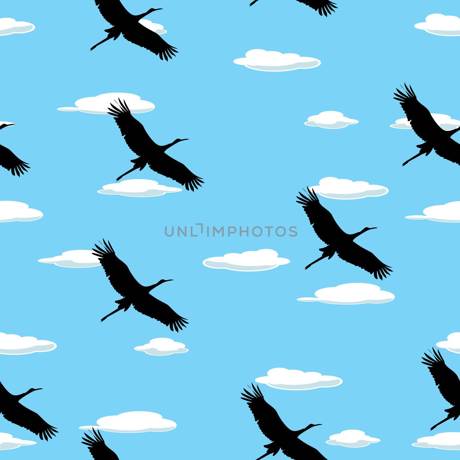 Seamless background with flying birds and clouds