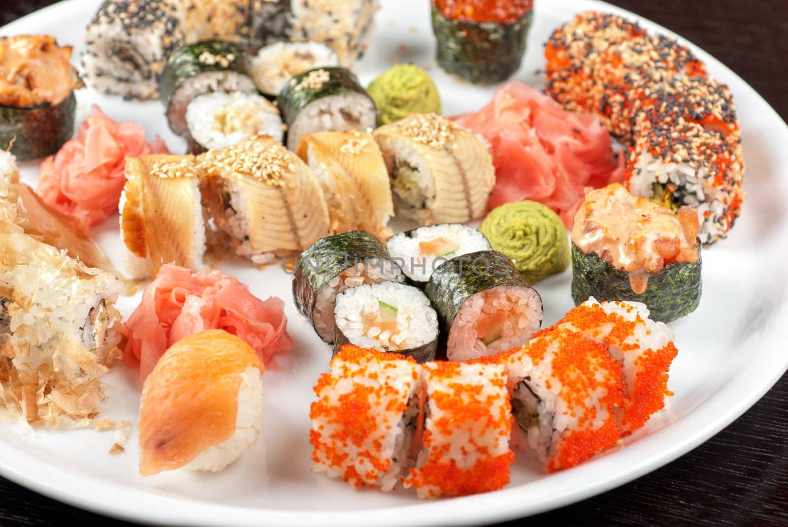 view of closeup japanese sushi set at plate