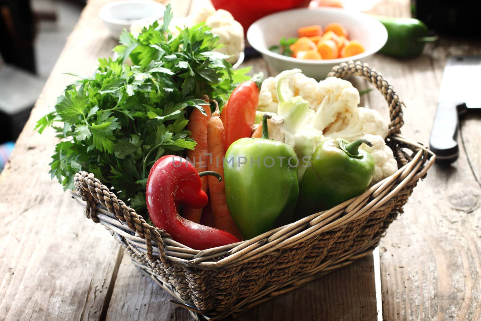 summer vegetables in wooden basket, shallow dof