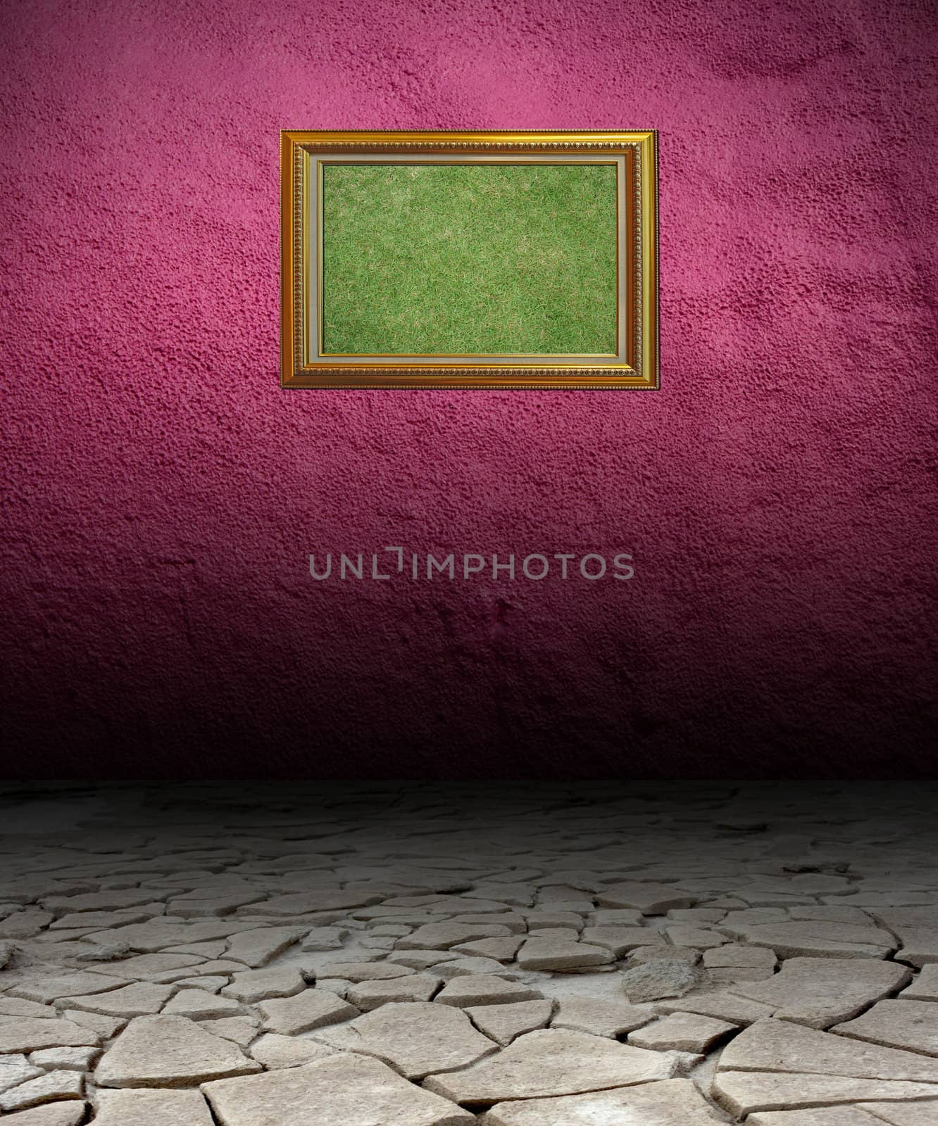 Dry soil and wall with green grass frame by liewluck