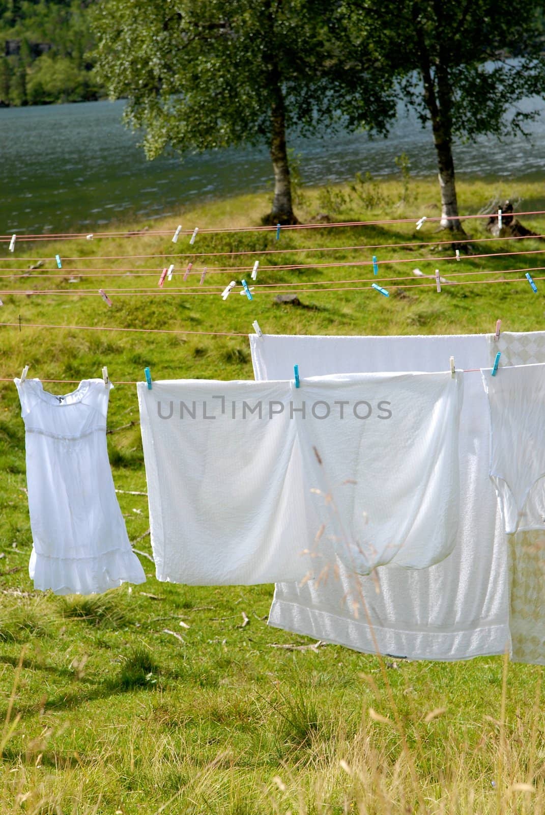 Scandinavian Lifestyle - clothes and sheets drying in the garden by Bildehagen