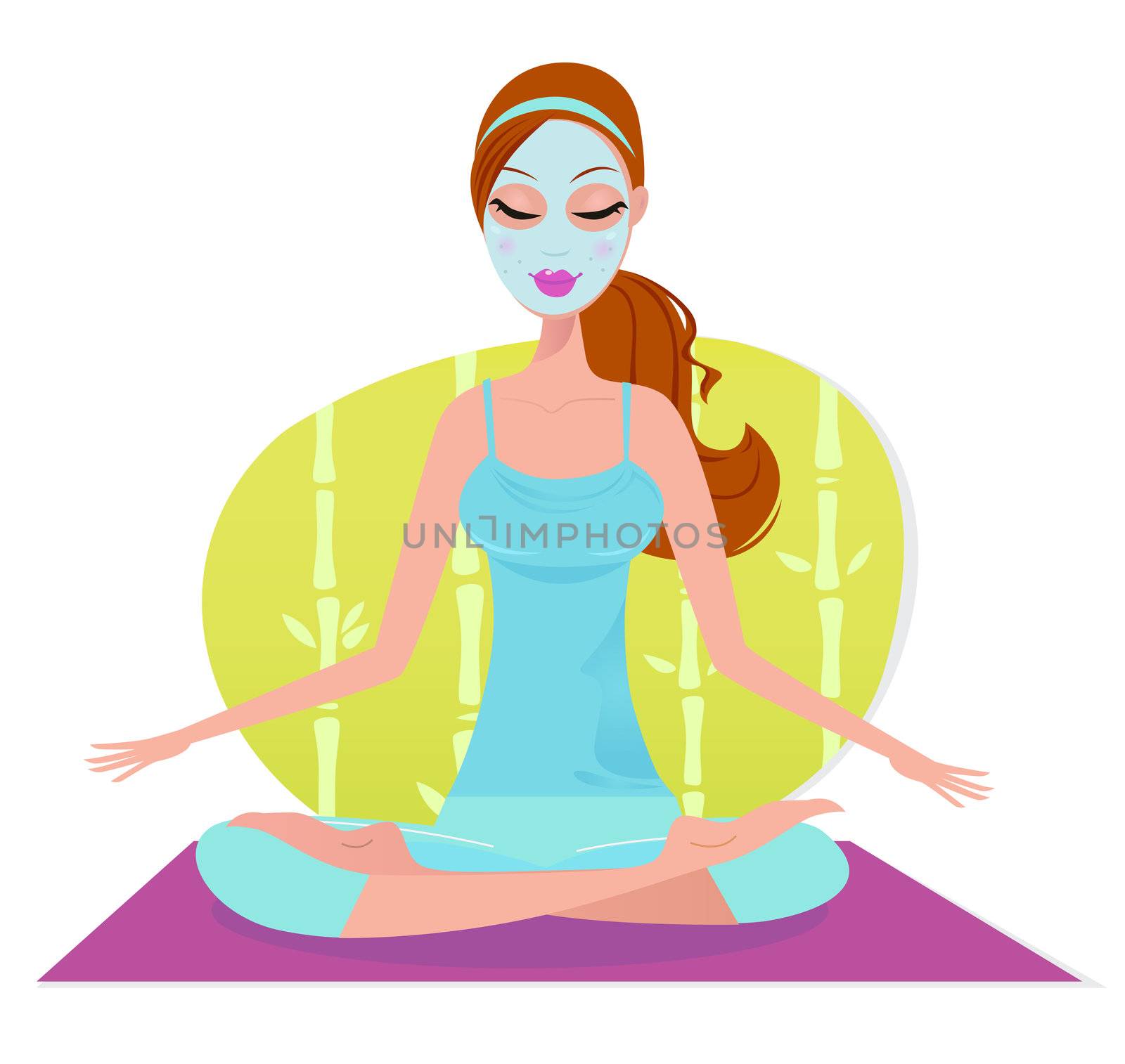 Beautiful woman with facial mask sitting on yoga mat and meditat by Lordalea