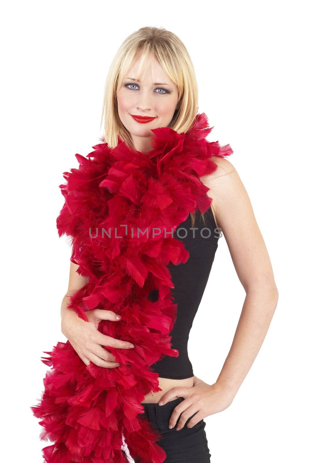 Portrait of a beautiful blonde woman with light blue eyes and dramatic make-up wrapped in red fur boa isolated on white background
