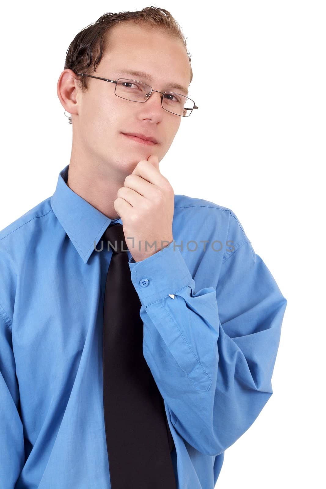 Young successful businessman wearing office clothes rubbing his chin in thought. Isolated on white background