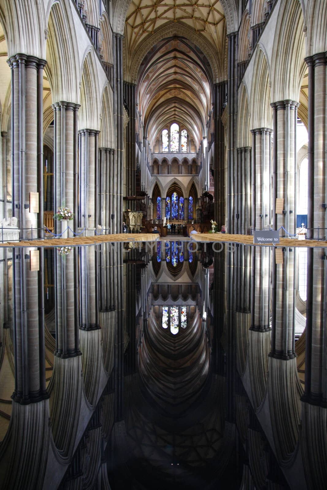 Inside of Salisbury Cathedral, reflection from watter,  England 