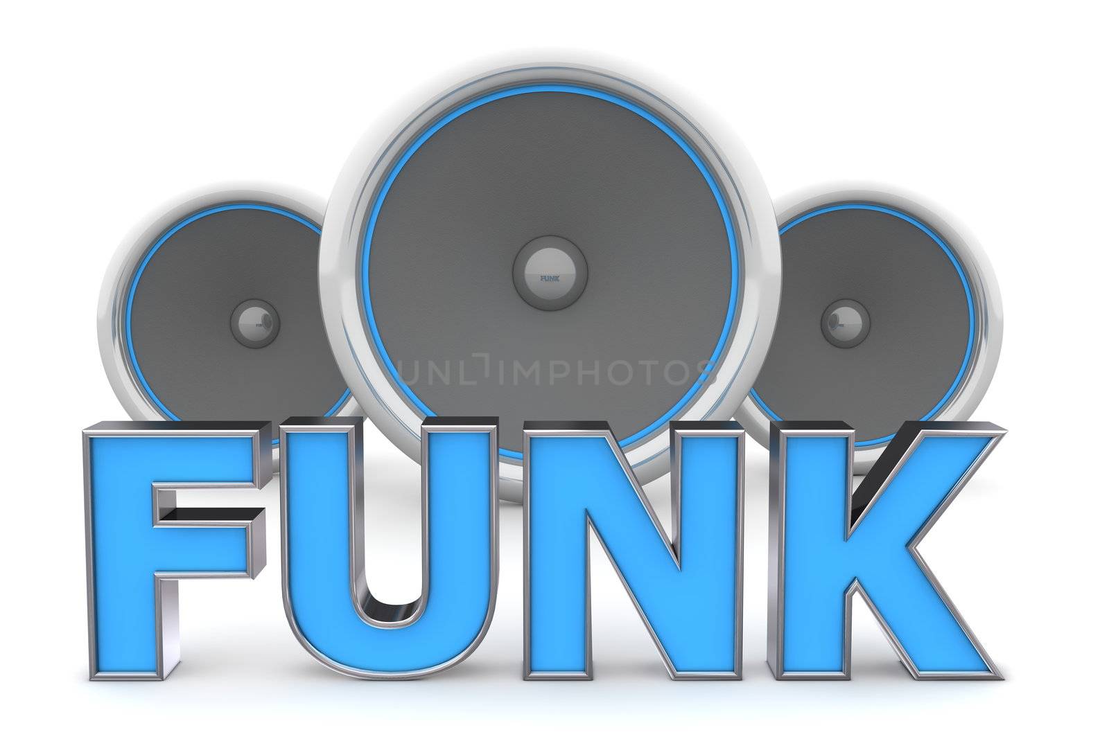 blue word FUNK with metallic outline and three speakers in background