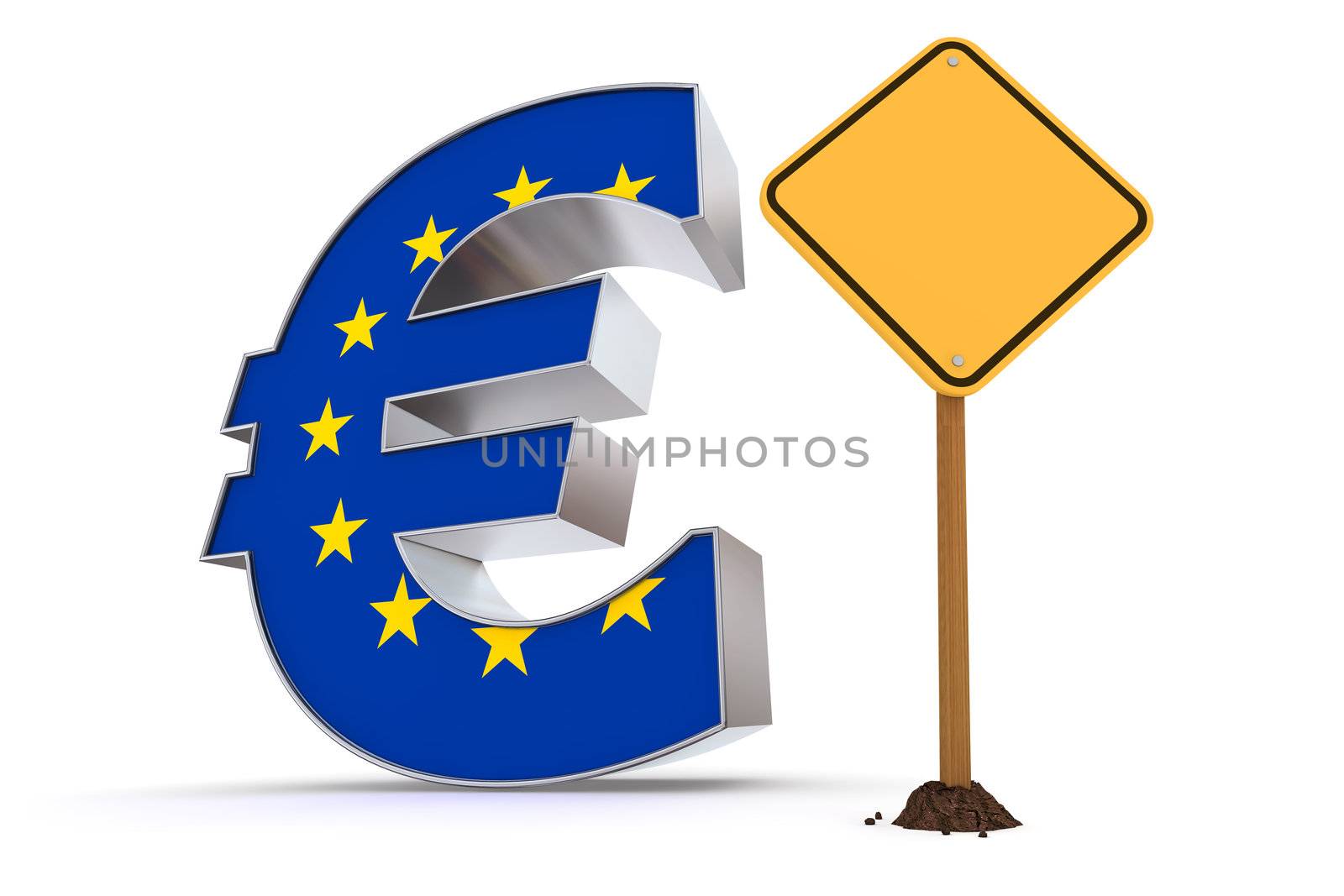 shiny metallic Euro symbol with a European Union flag on it's front - a red and white  triangular warning sign stands next to it