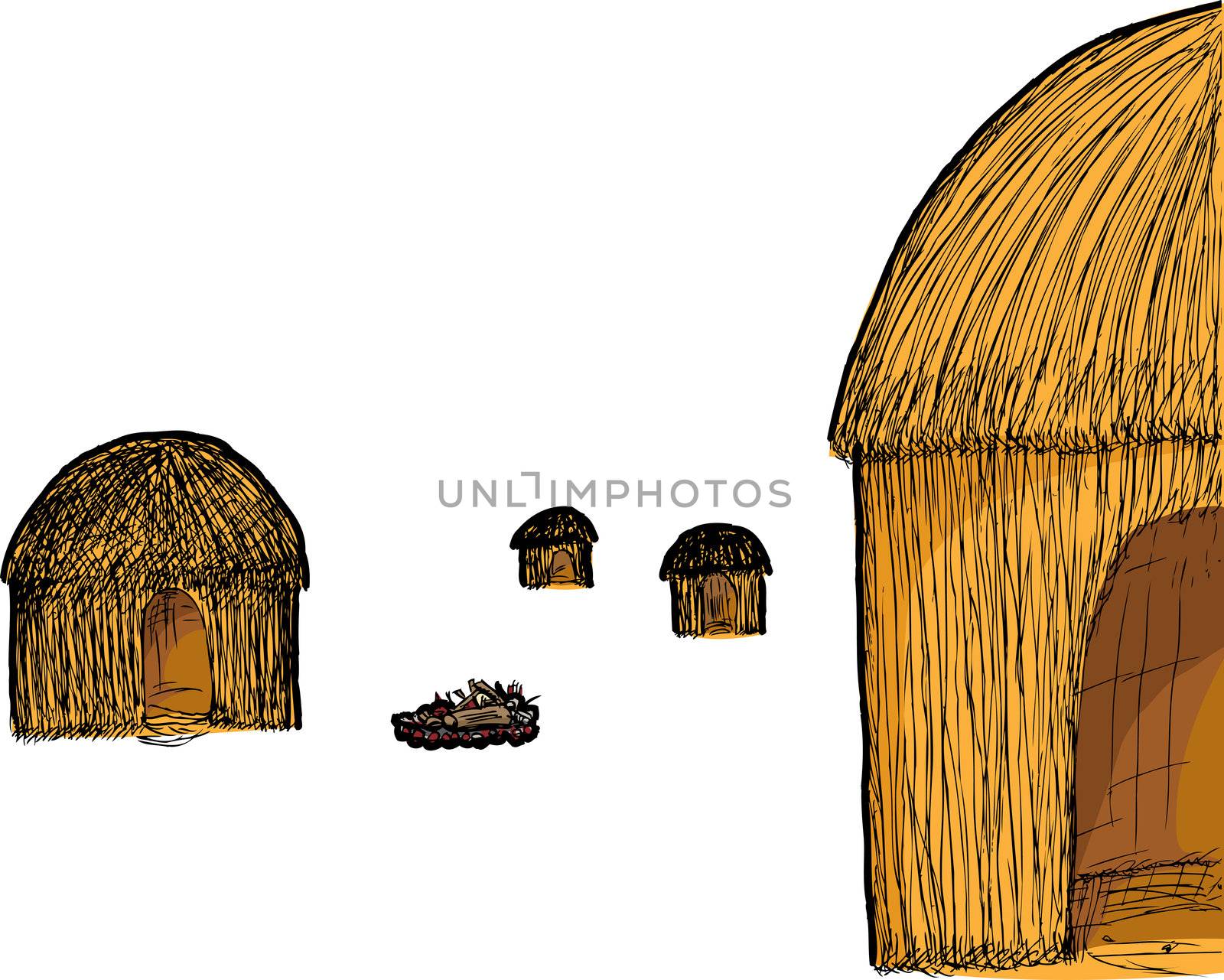 Illustration of four traditional straw huts and a fire pit