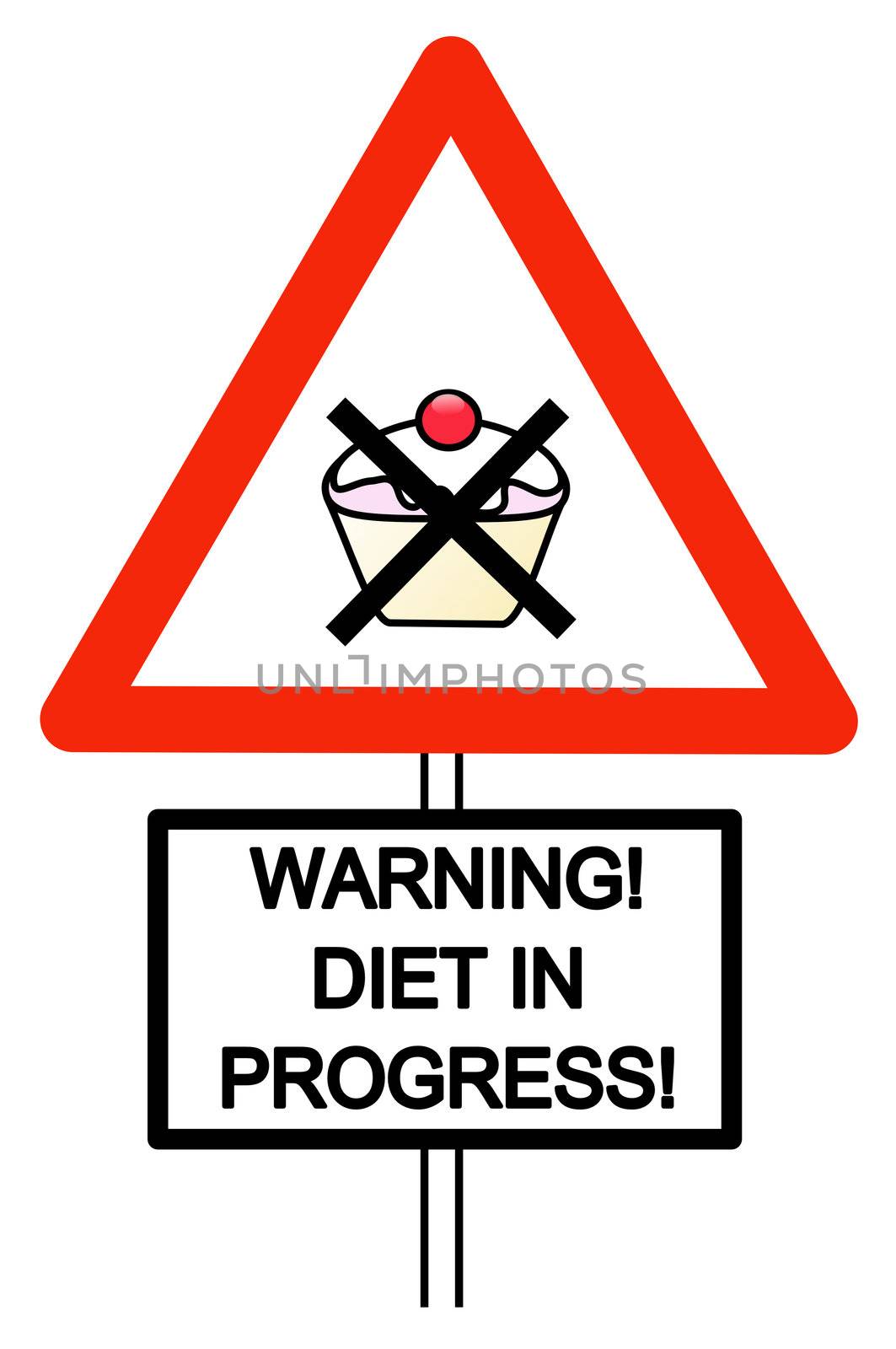 Illustration of a red triangular warning sign with image of crossed cake and square sign with the words 'DIET IN PROGRESS'