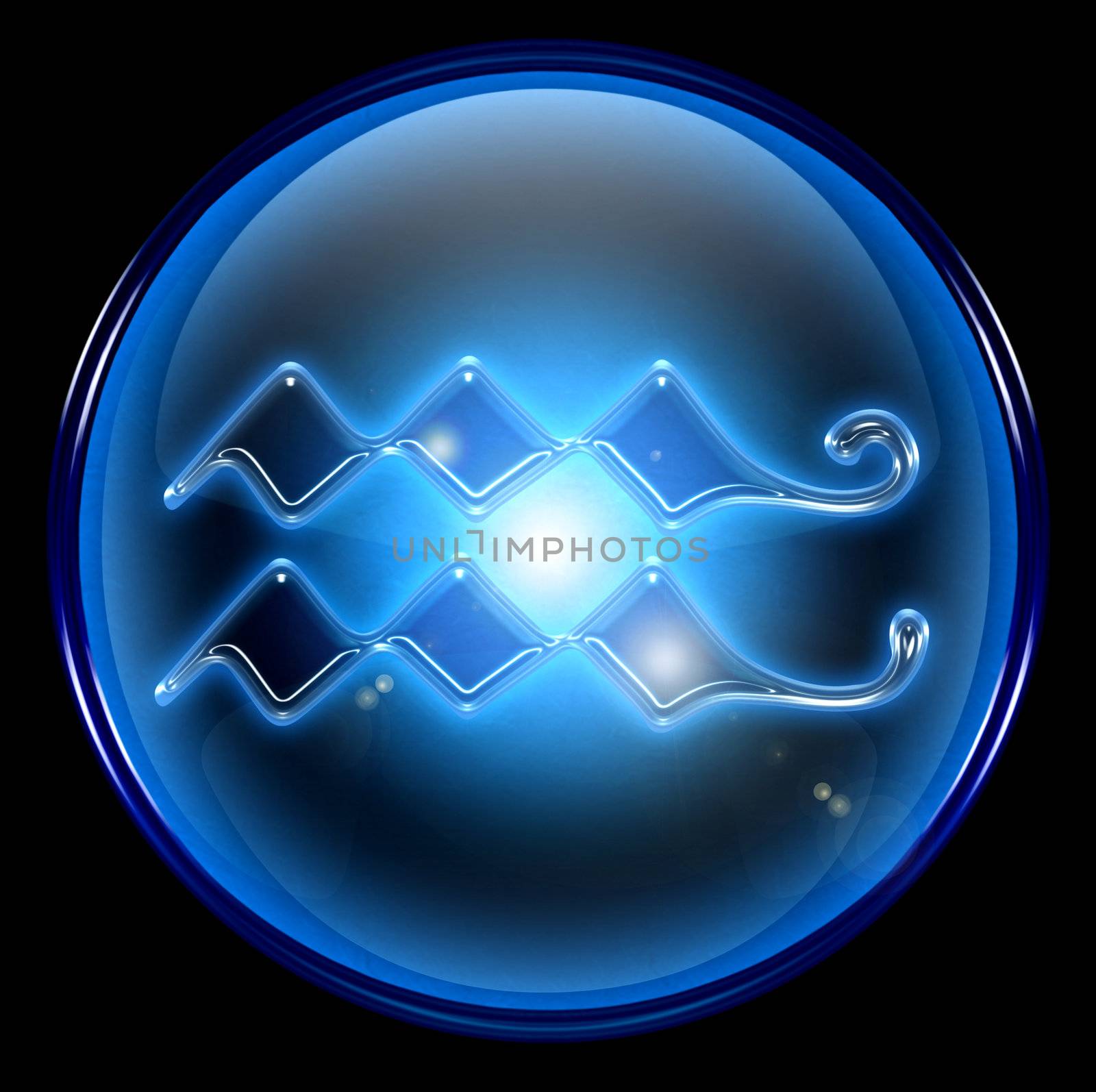Aquarius zodiac button icon, isolated on black background.