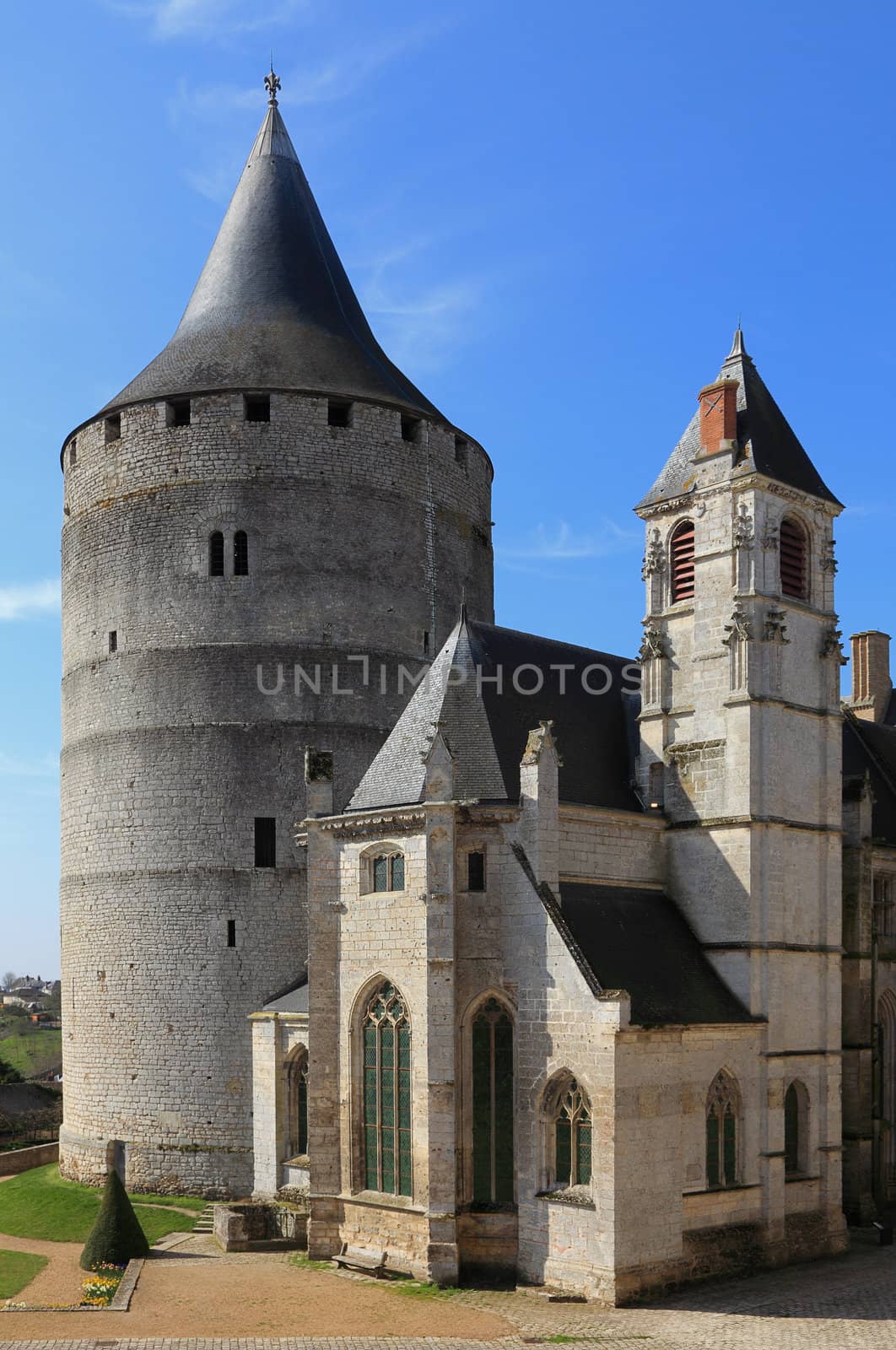 Image of the saint chapel and the donjon from Chateaudun Castle located in French departement Eure et Loir.