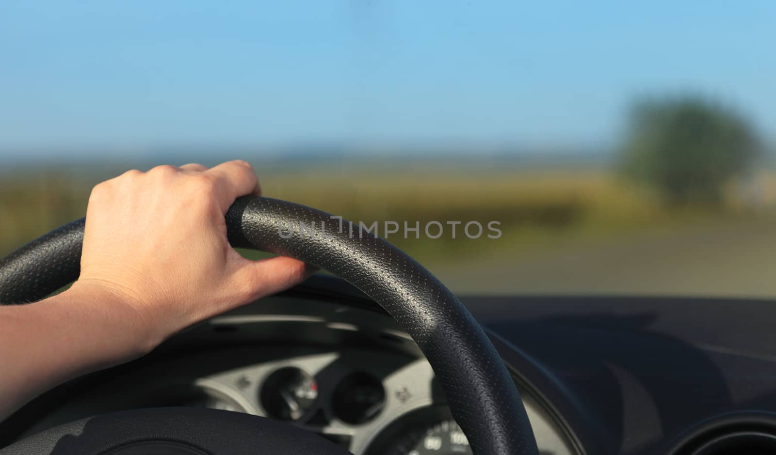 Image of the left hand of a driver holding the steering wheel.