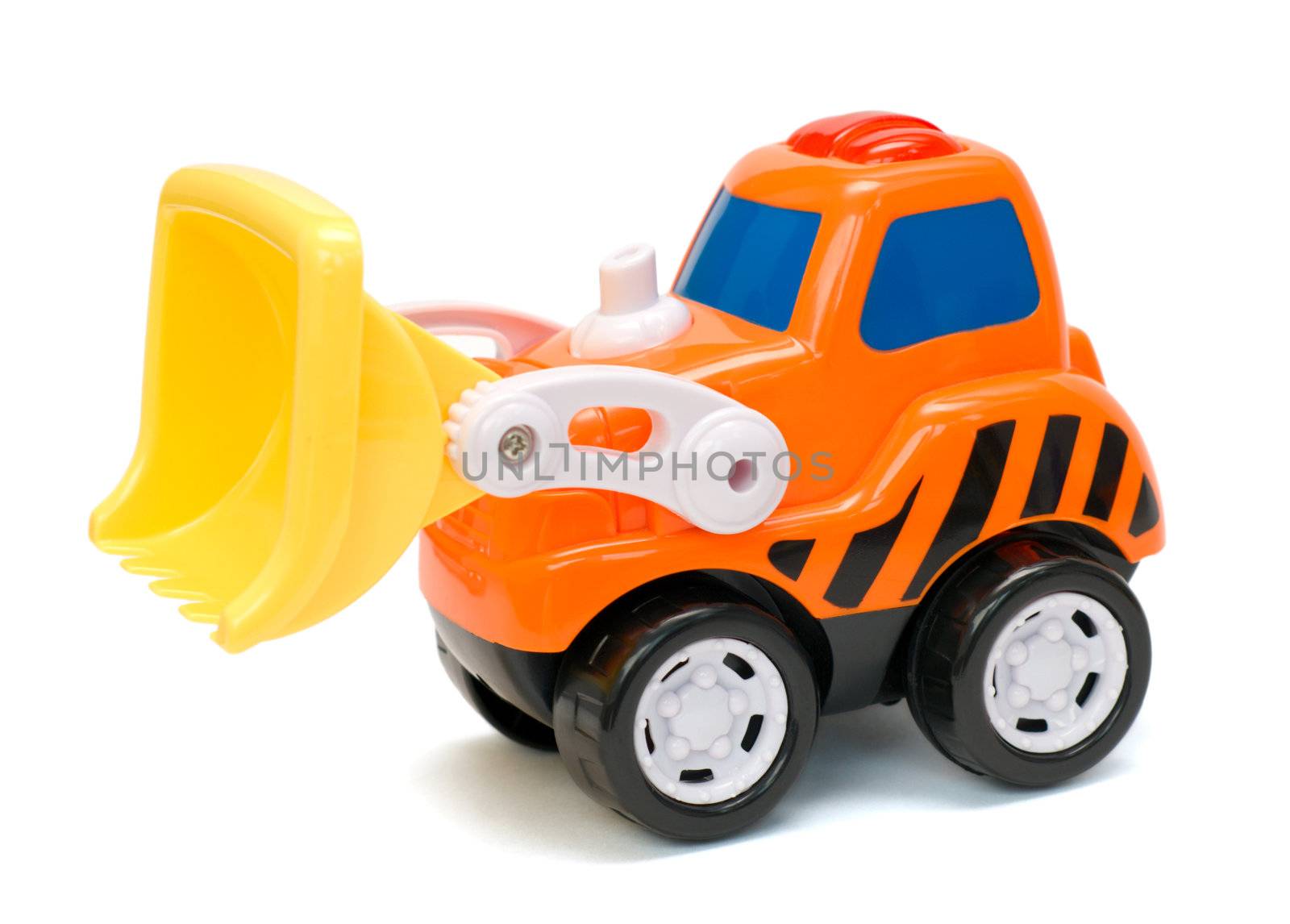 Funny orange toy excavator, isolated