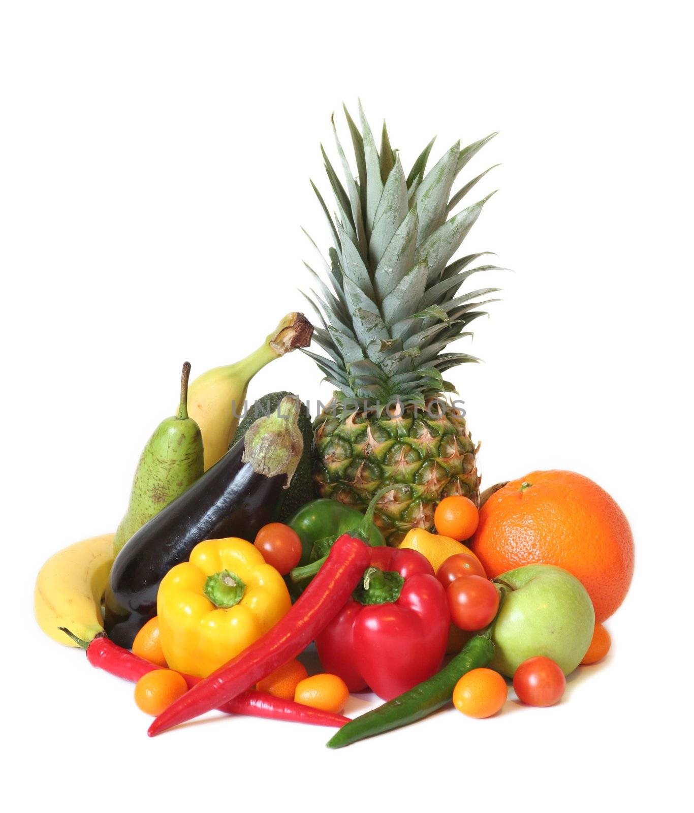 Fruits and vegetables of different kind in delicious arrangement.