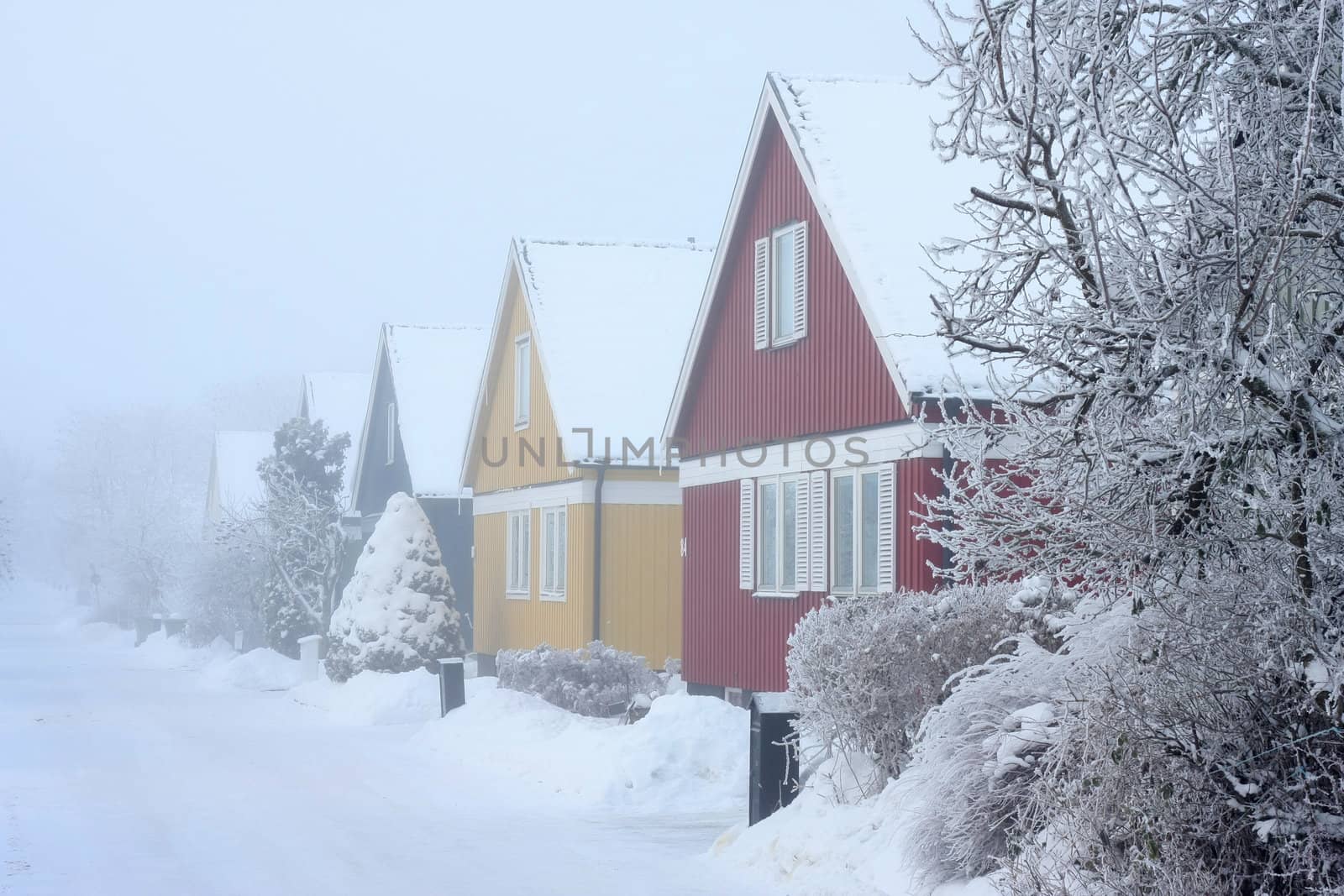 Houses in cold,chilly and frosty winter climate.