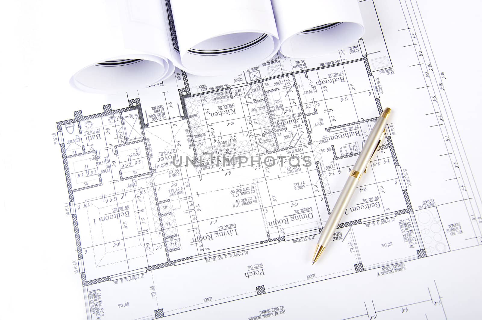 Construction plans, ball pen, business collage, paperwork