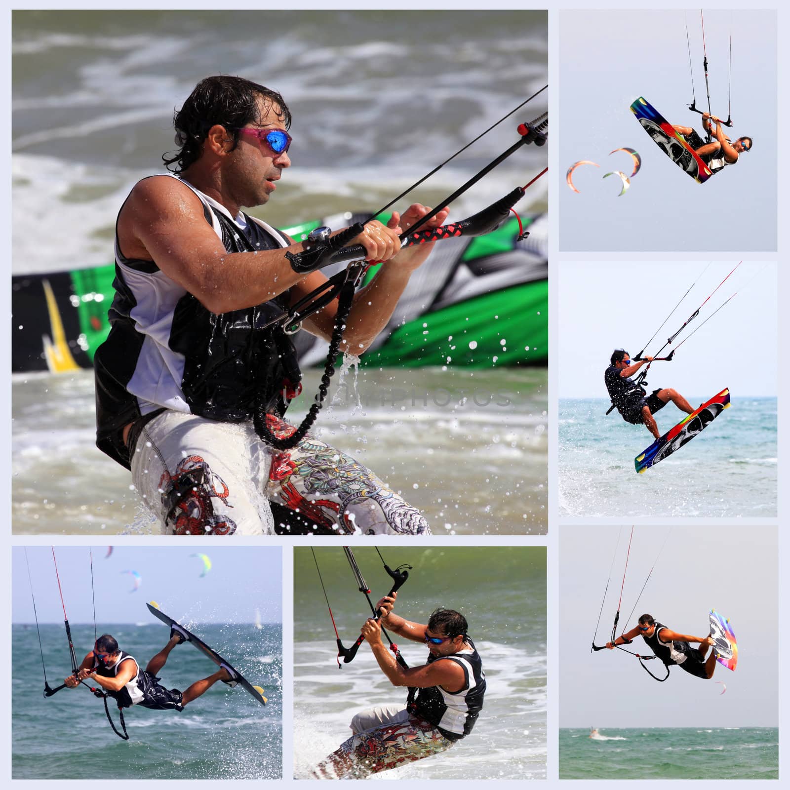 Collage from 6 photos kiteboarder enjoy surfing in water. Vietnam
