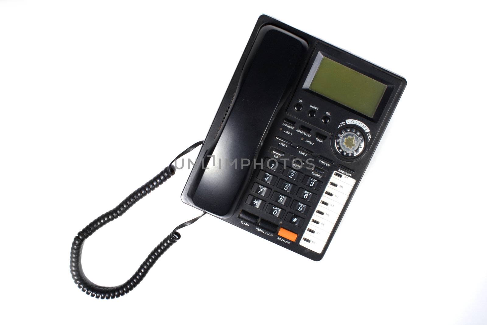 A black telephone with memory book and caller ID feature, isolated on white studio background.