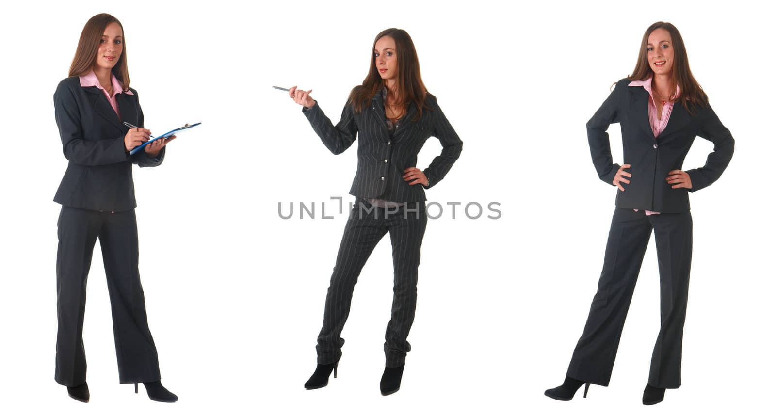 Beautiful brunette businesswoman in business suit in different poses on white background. Not isolated