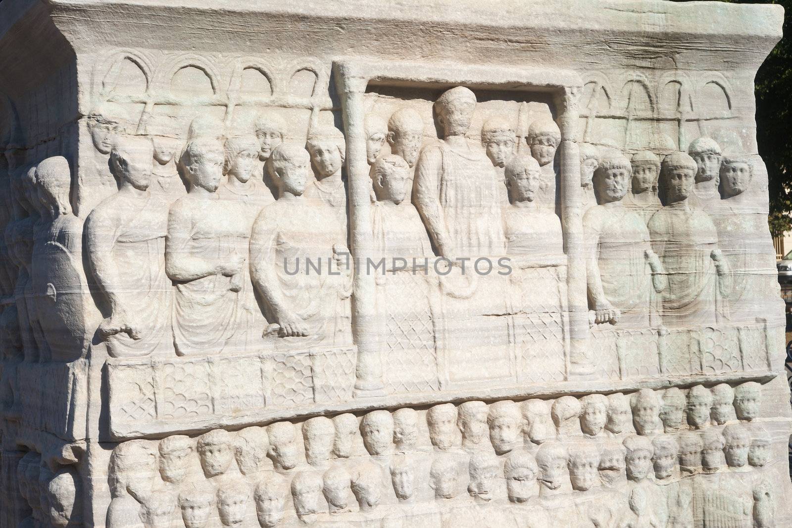 Figures on the base of Egypt obelisk in Istanbul, Turkey 