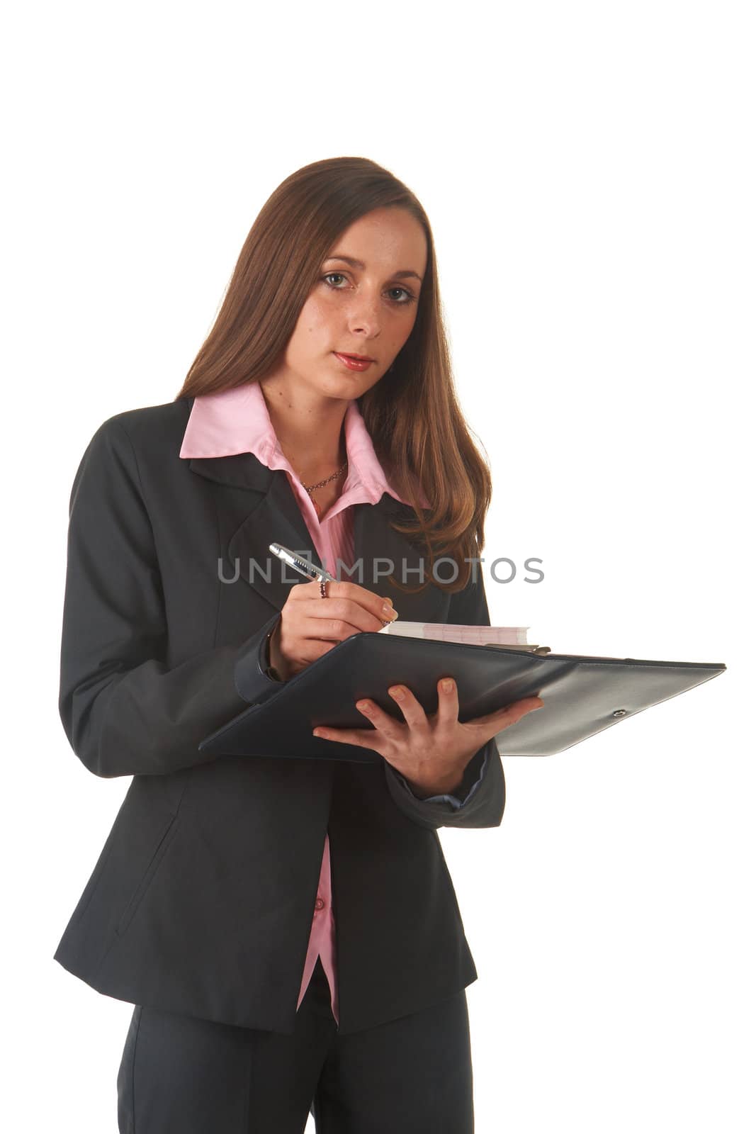 Beautiful brunette businesswoman in business suit on white background. Not isolated