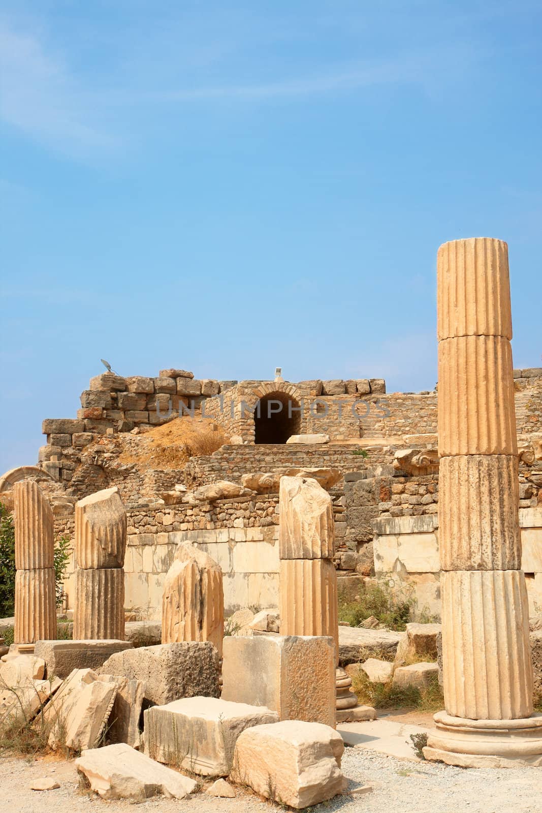 Ruins of columns in ancient city of Ephesus, Turkey