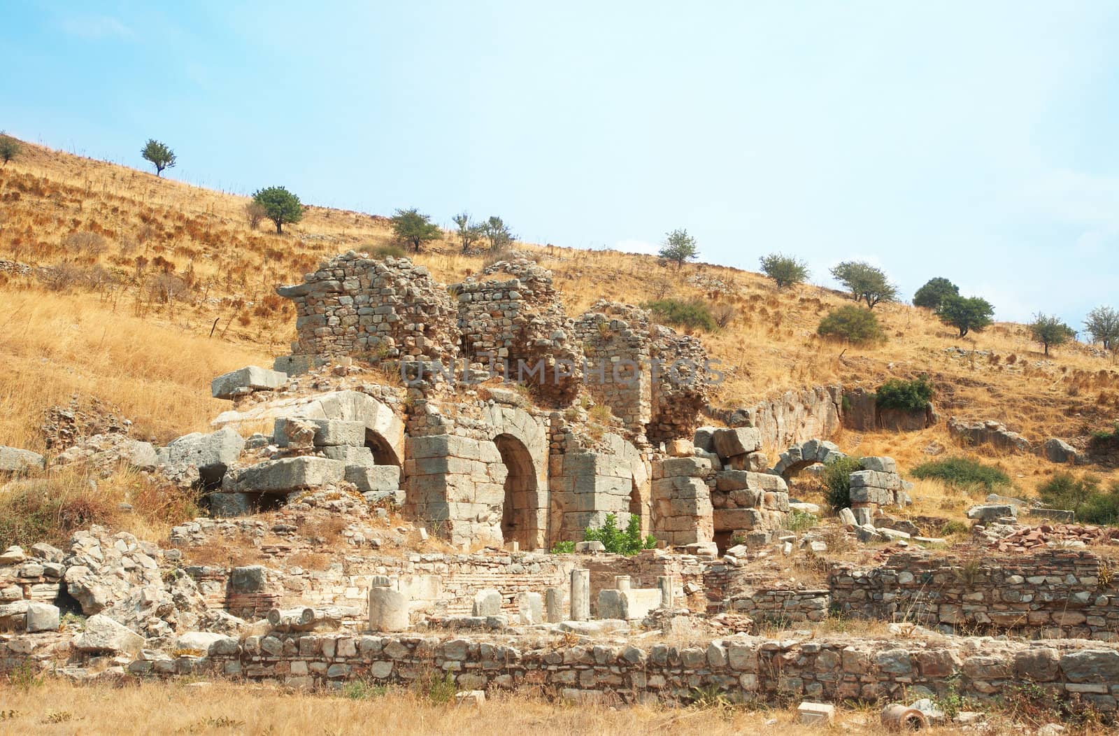 Ruins of columns in ancient city of Ephesus, Turkey