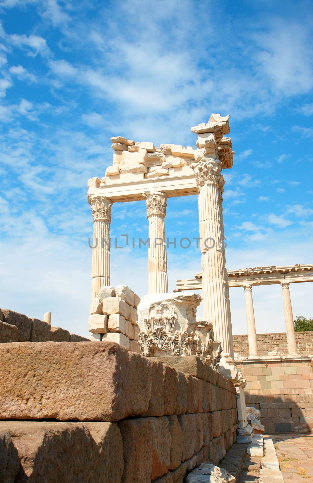 Trajan Temple columns in ancient city of Pergamon, Turkey