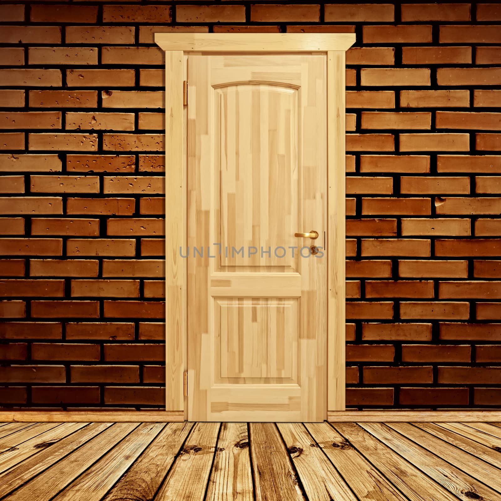 Closed wooden door in the btick wall