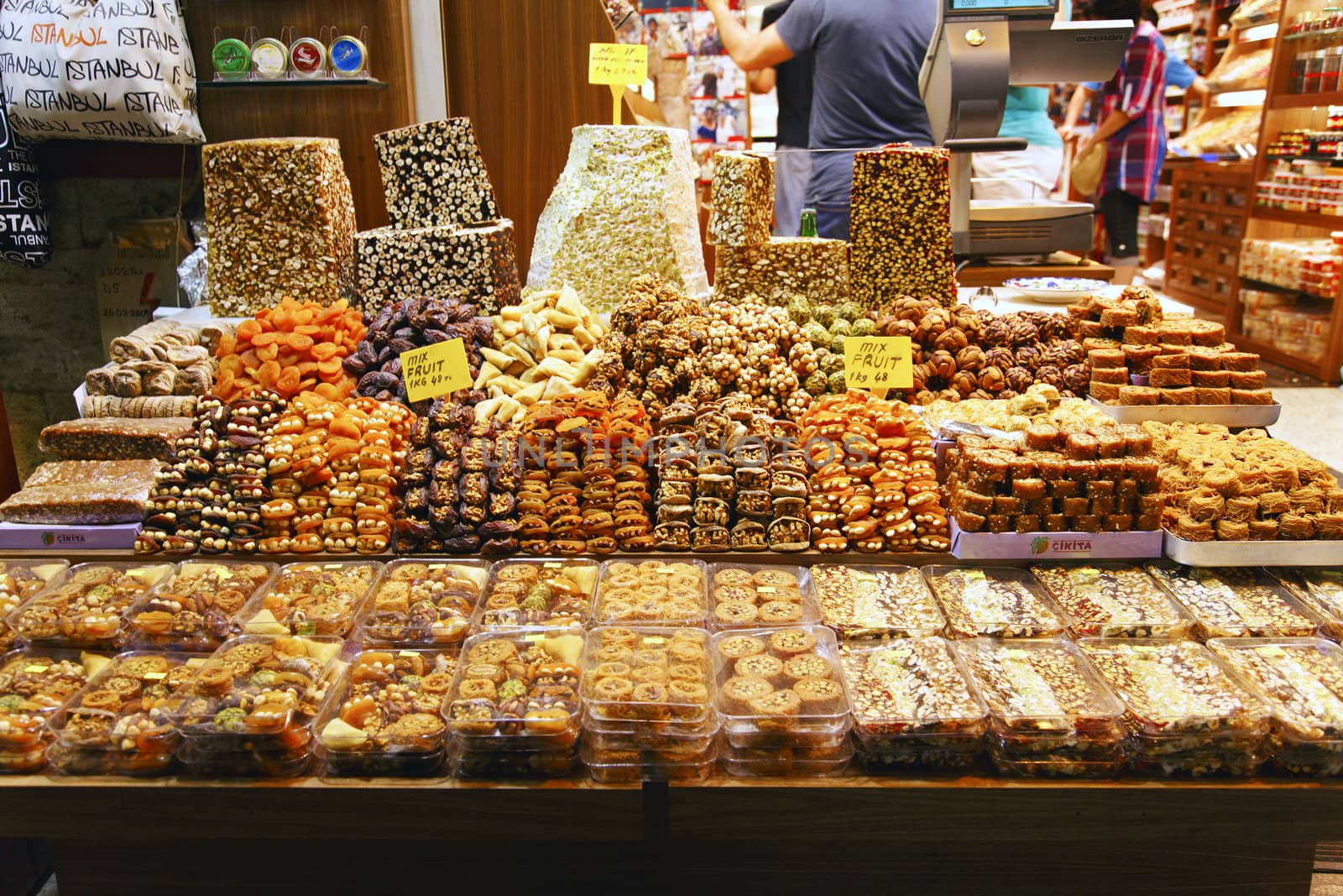 June 2011 Dry fruits shop stall in Grand Bazaar Istanbul Turkey with fudges and sweets