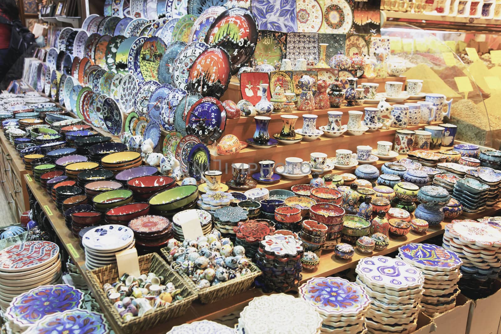 display of ceramics and spices Great Bazaar Istanbul Turkey, June 2011