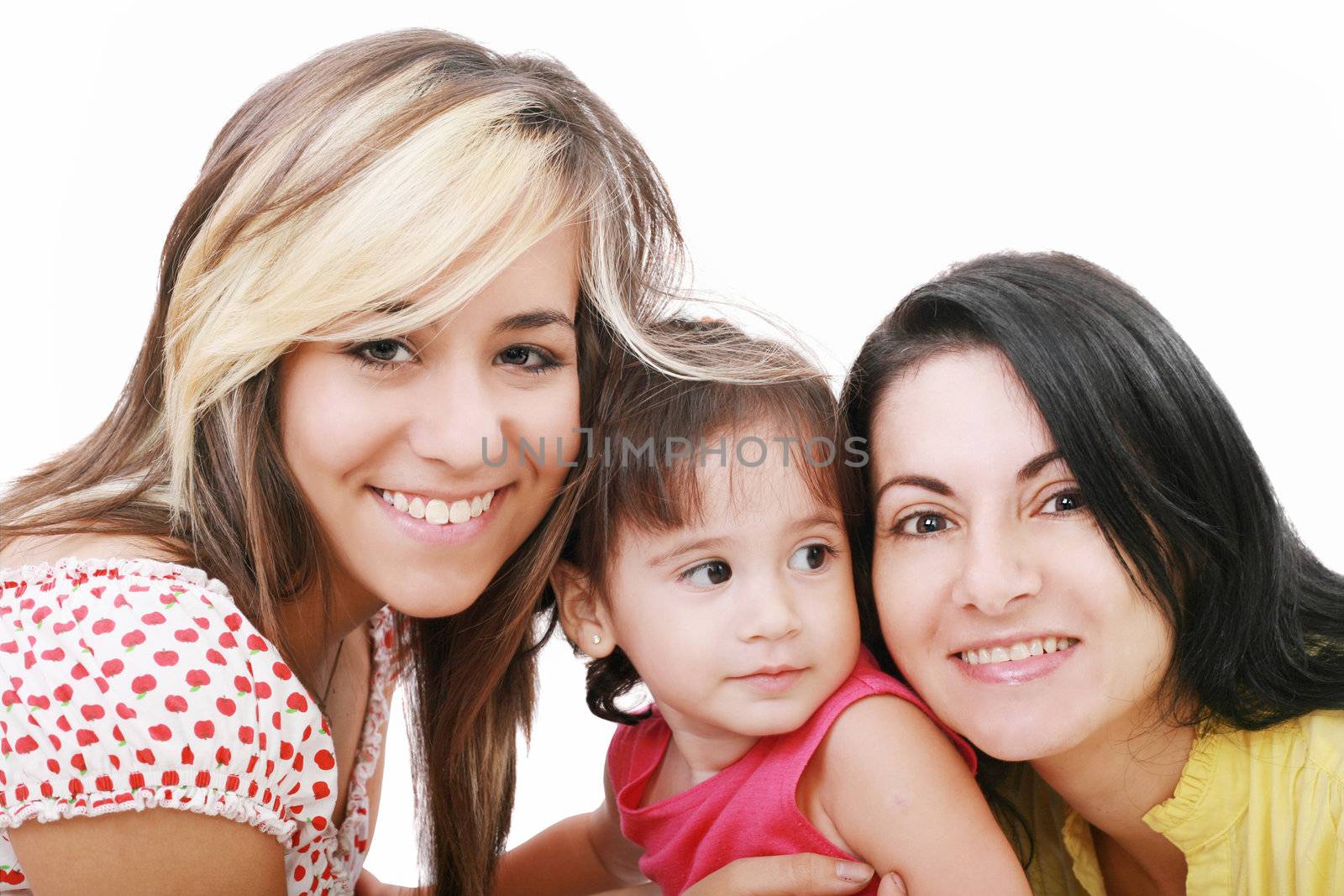 Happy portrait of beautiful young mother with two daughter looking to camera, isolated on white