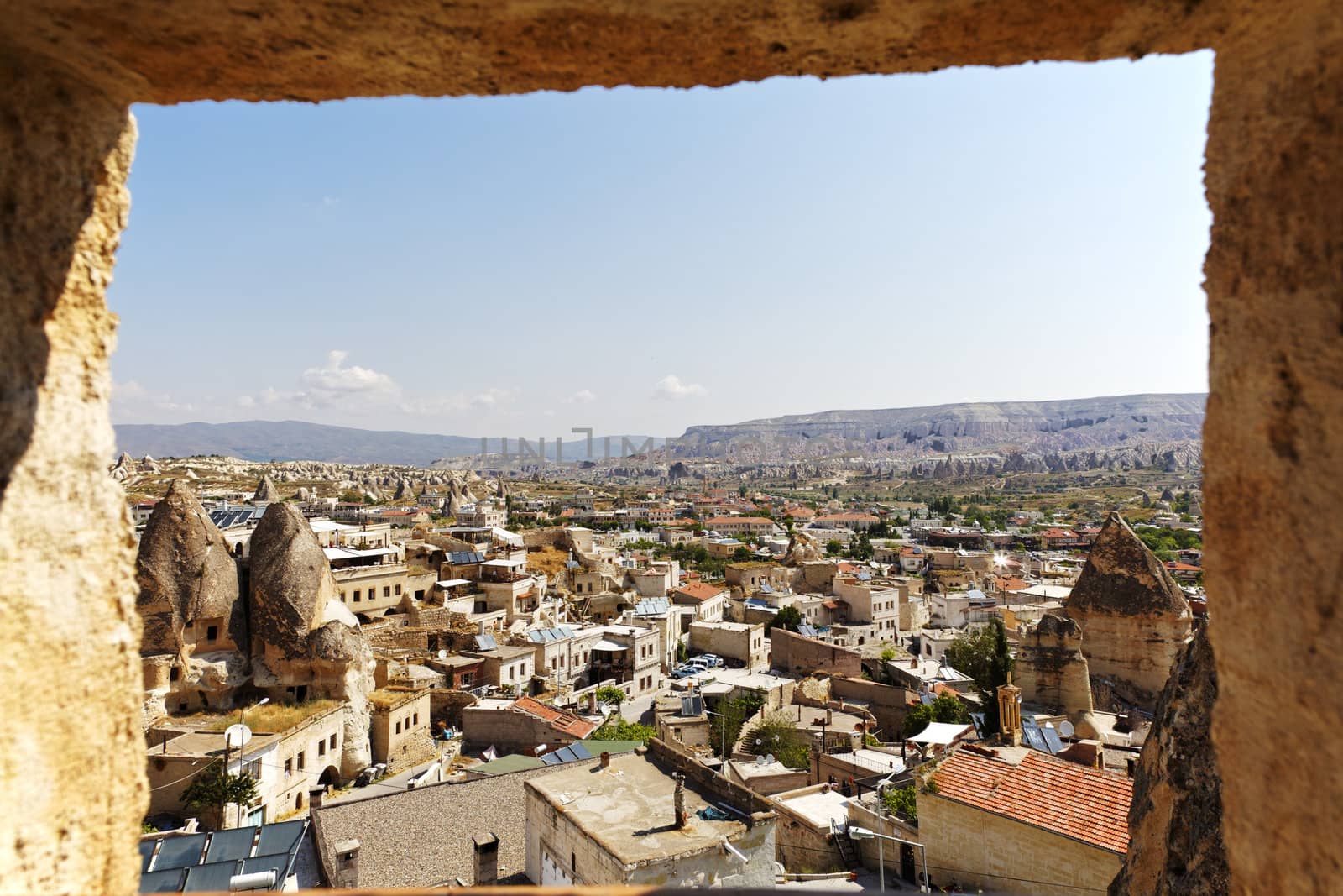 June 2011, Goreme, Cappadocia, Turkey from hotel window, landscape blue skies