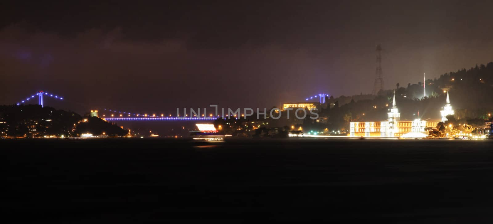 Night skyline of Istanbul with Villa Bosphorus in the foreground