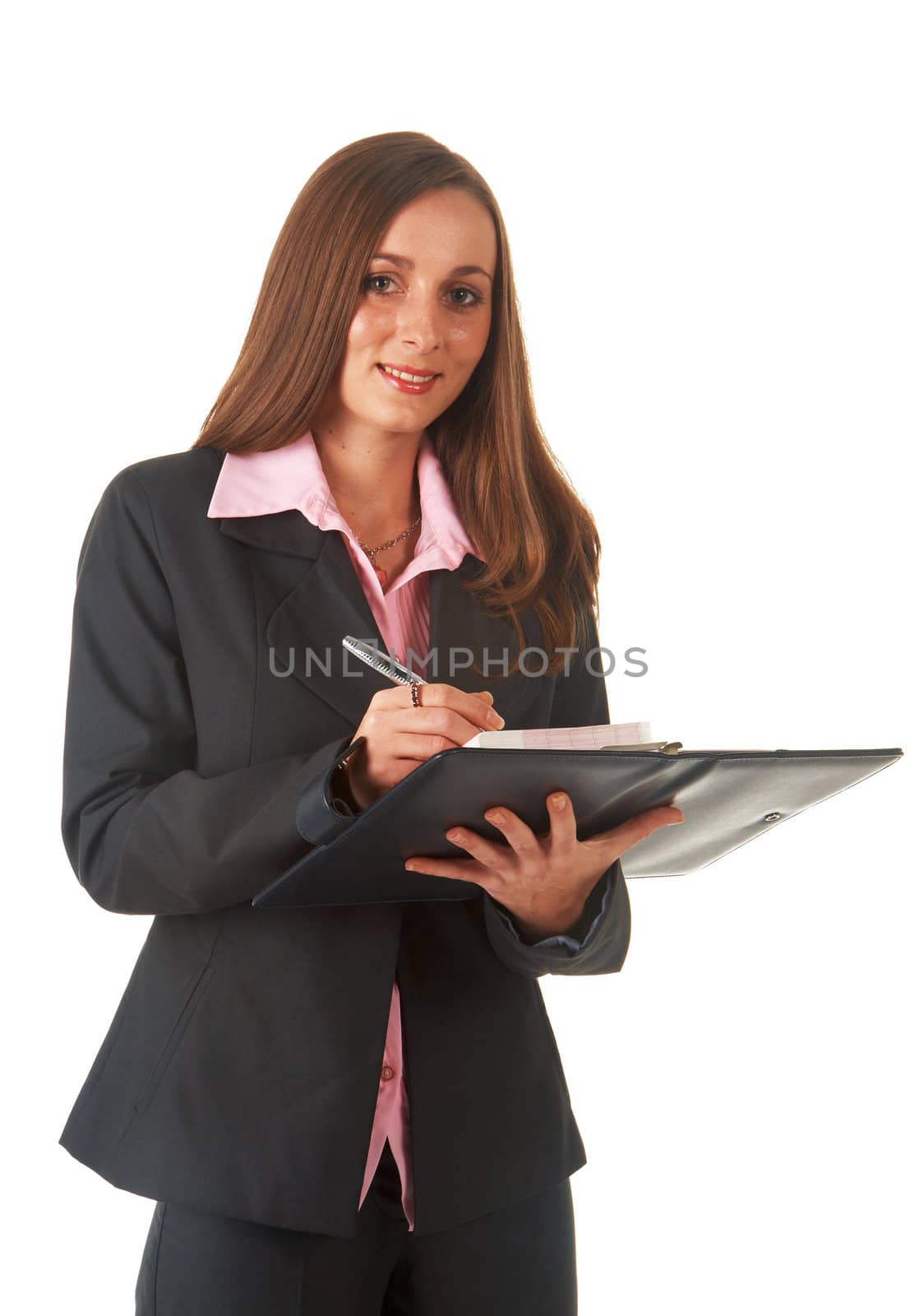 Beautiful brunette businesswoman in business suit on white background. Not isolated