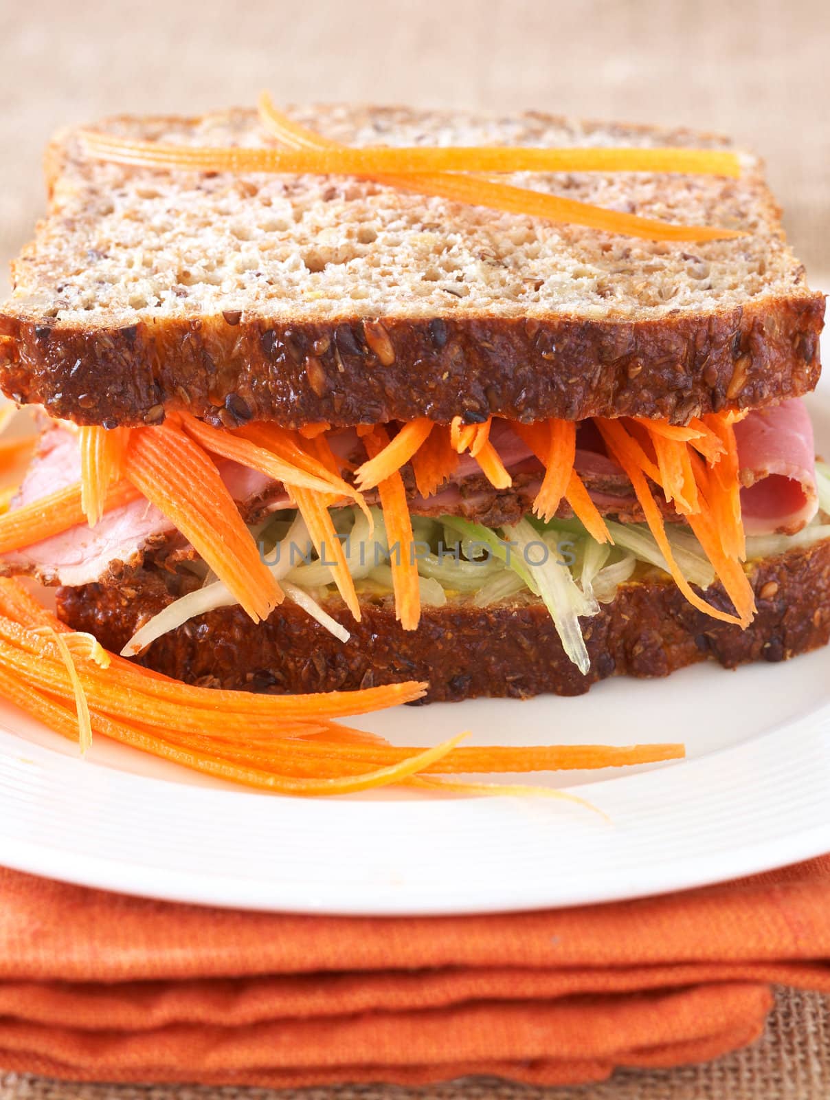 Tasty open sandwich with cucumber relish, smoked beef pastrami and sliced carrots on wholewheat bread 