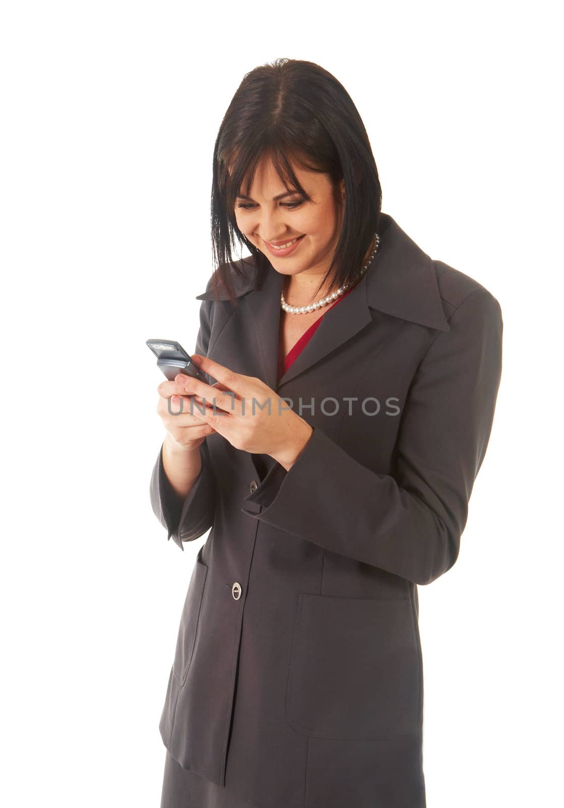 Beautiful brunette businesswoman in business suit on white background. 