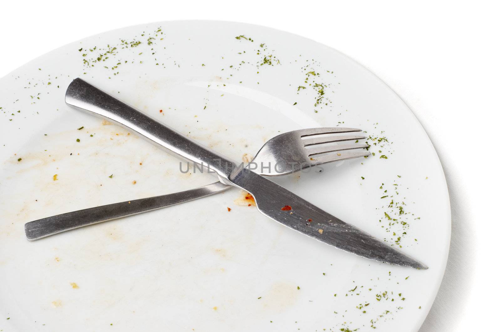 unwashed fork and knife after eating lying on plate