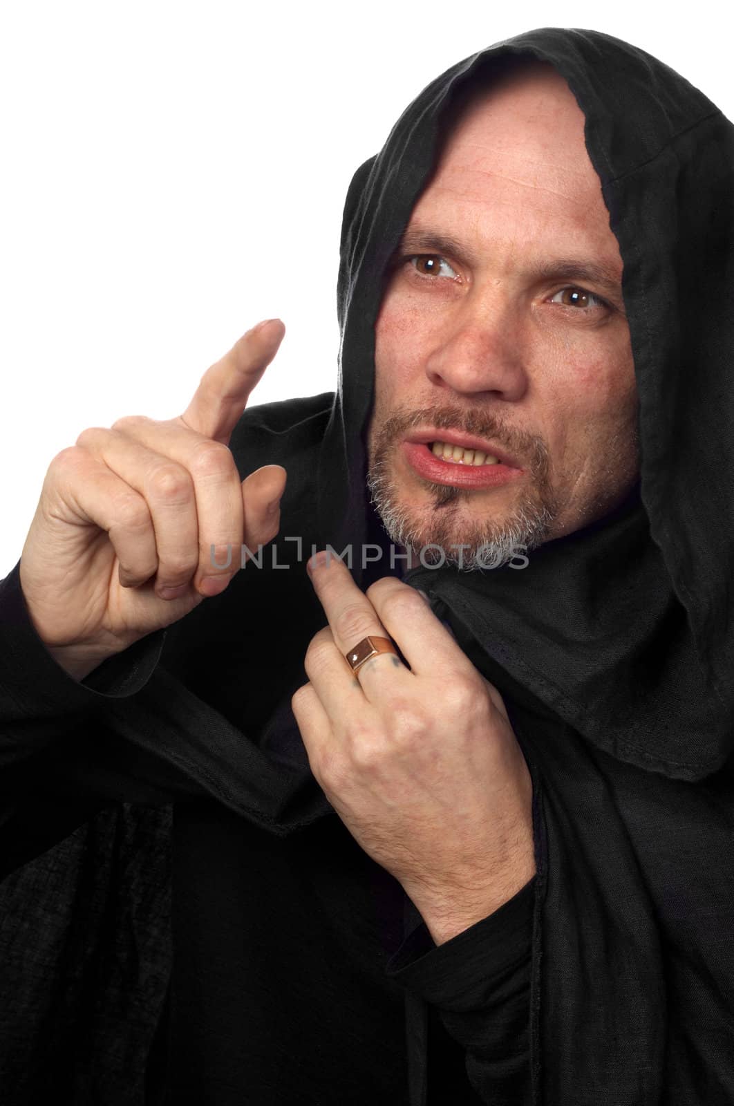 monk or maybe sorcerer in black cloack with hood