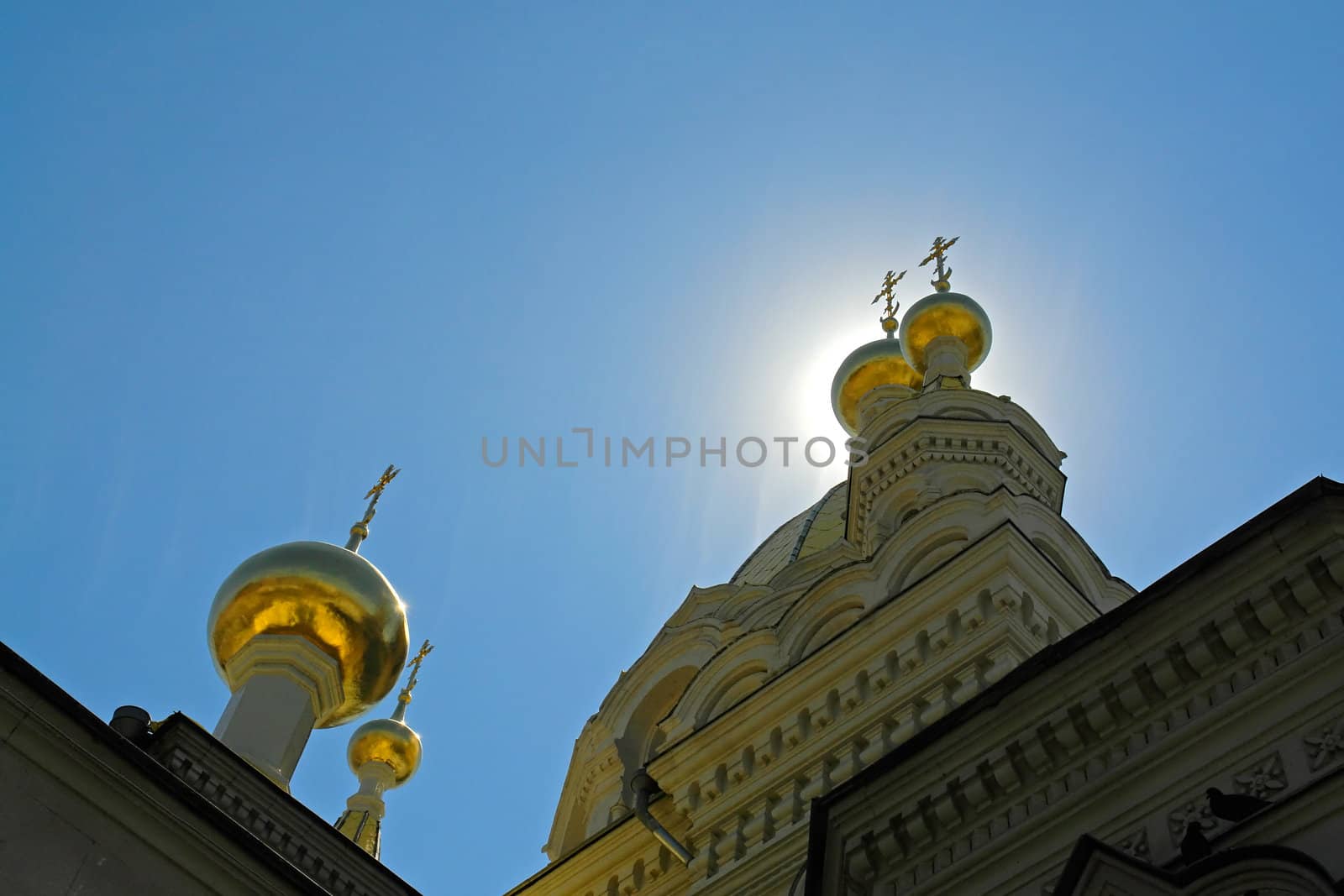 Domes of an orthodox temple on a background of the sky                               