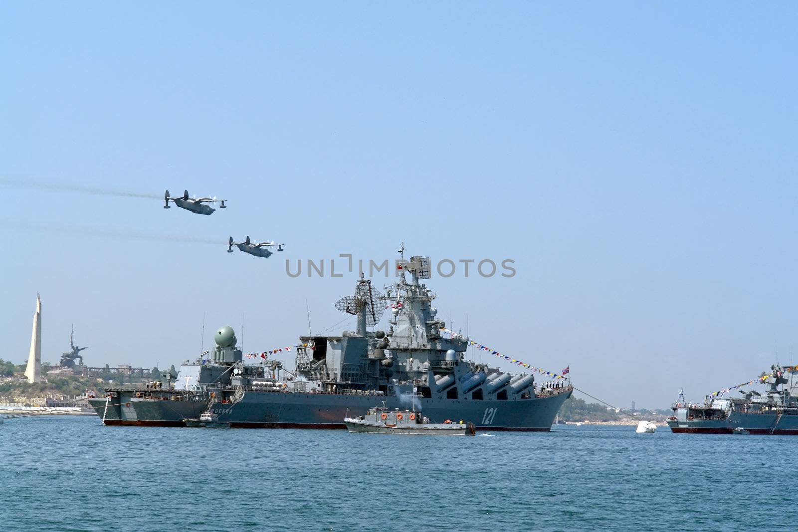 Russian naval parade in a bay of Sevastopol                               