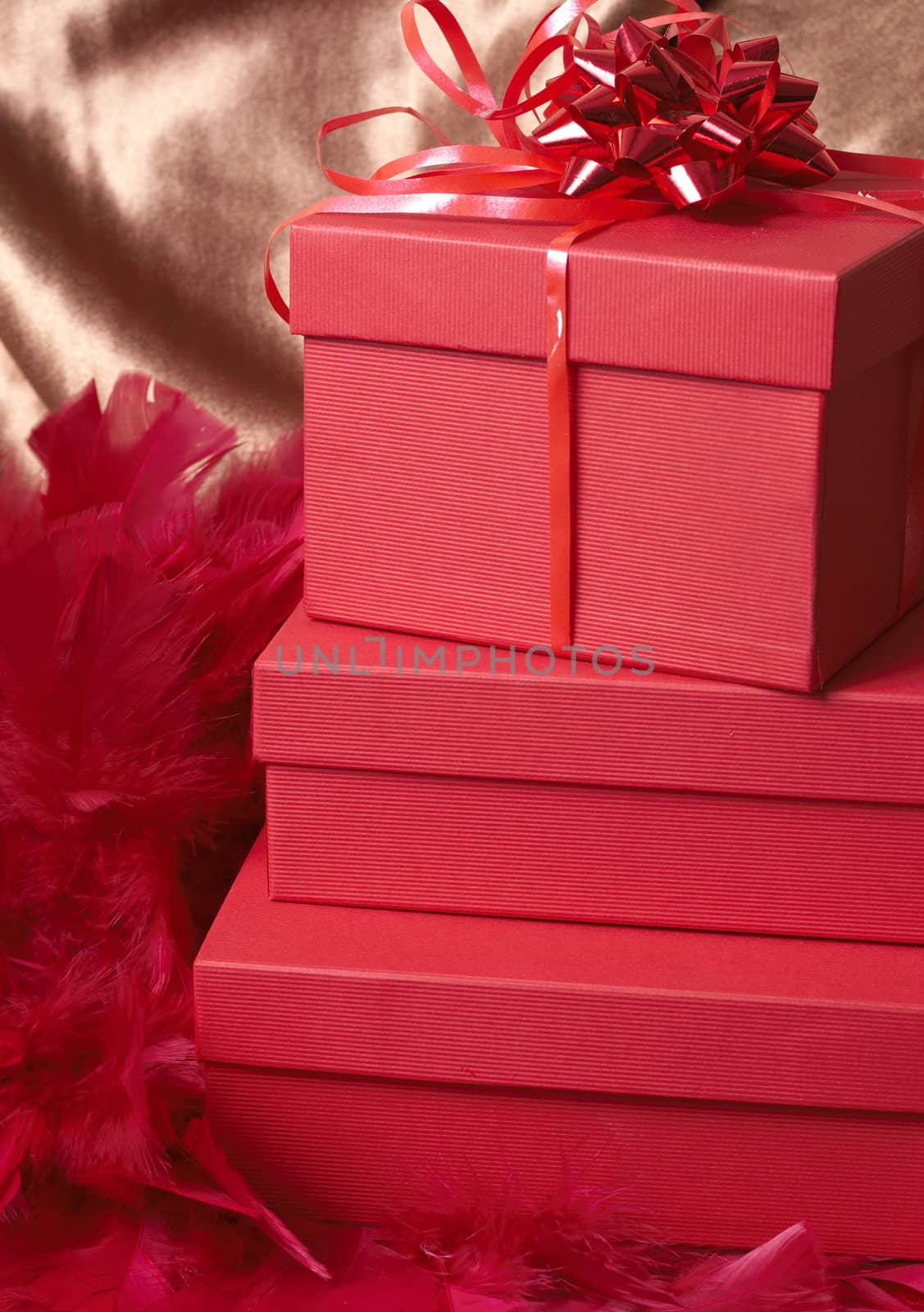 Red gift boxes with feathers and a bow on golden silk background