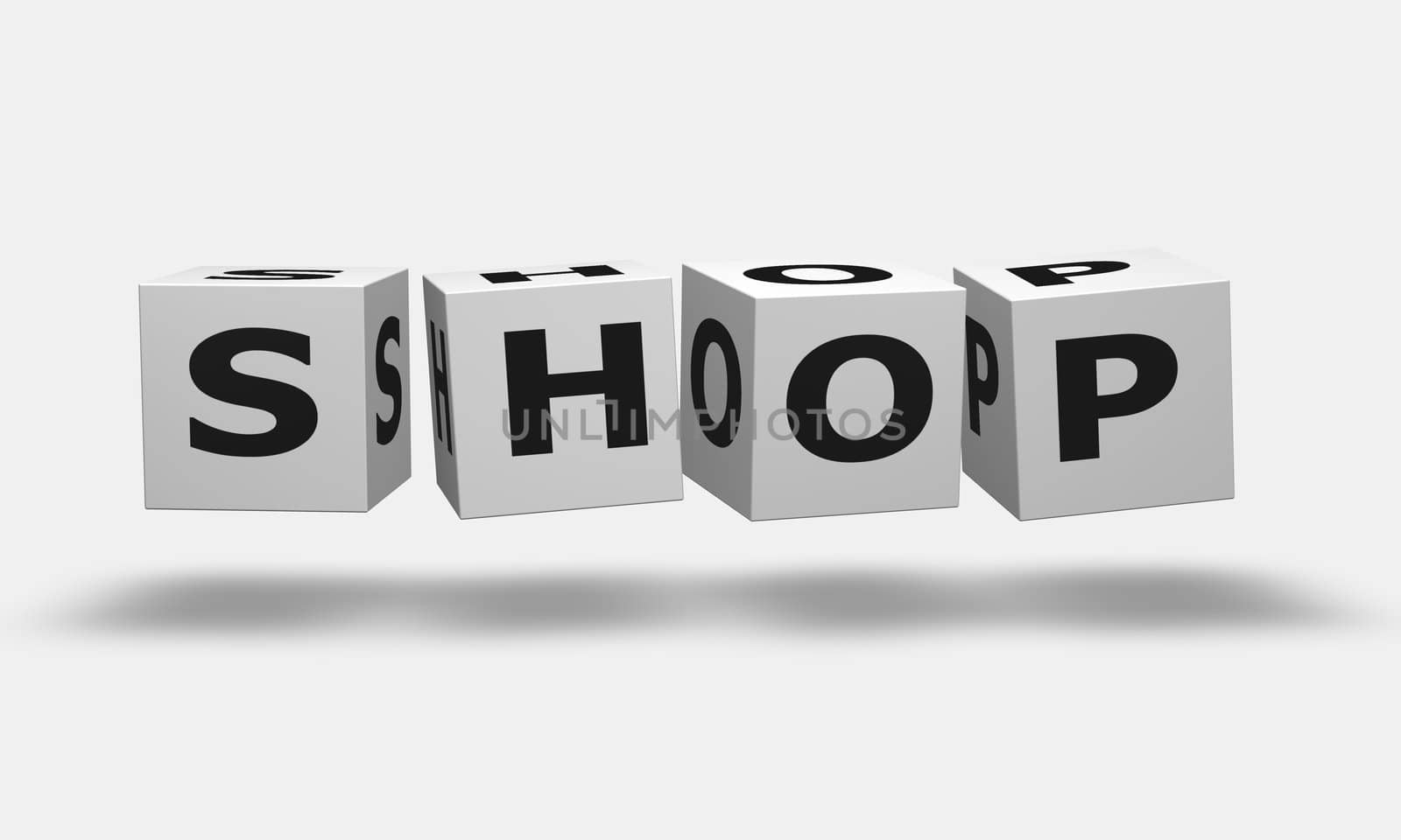 White cubes with word shop in white with shadow