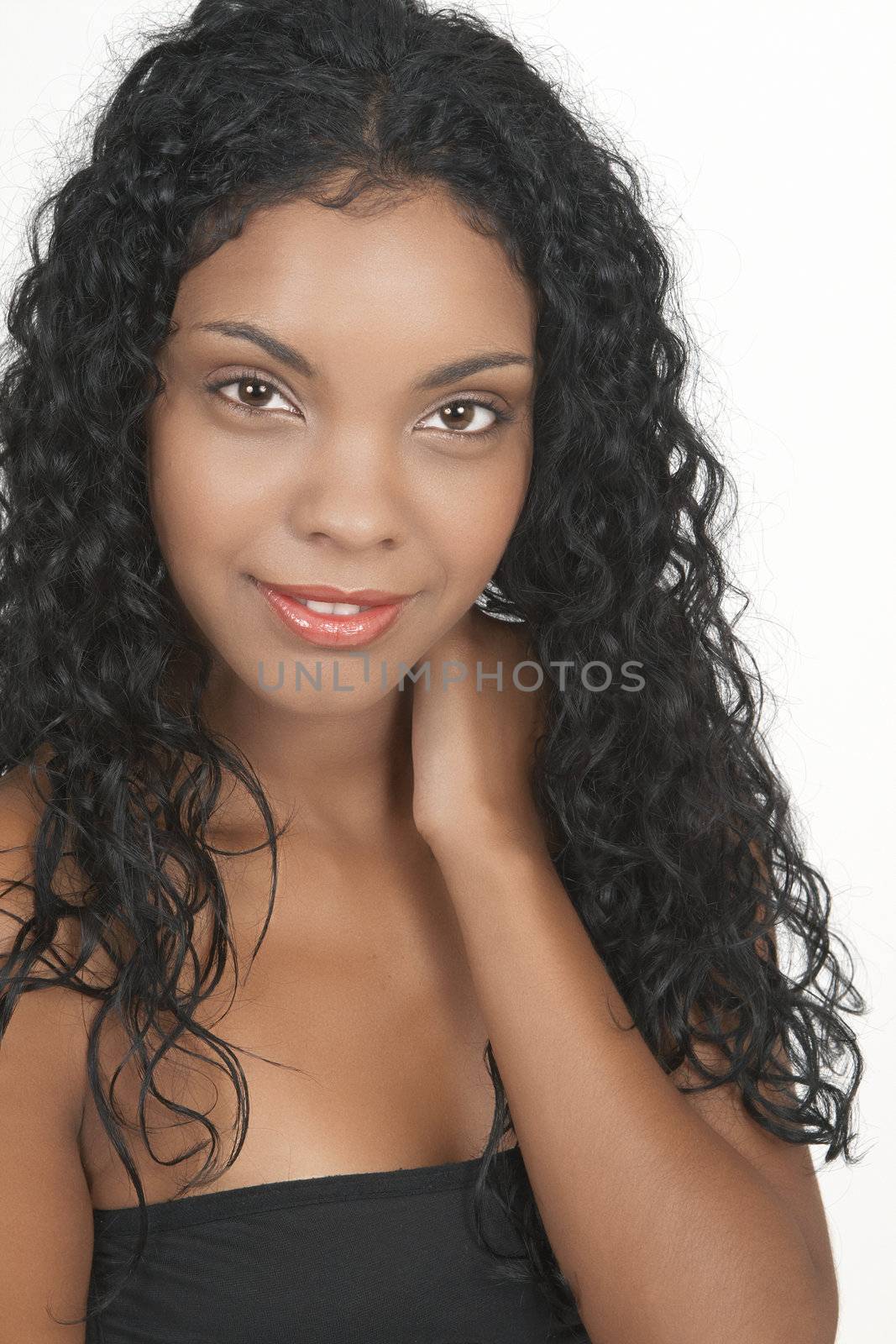 Beautiful brunette woman on white background. Not isolated 